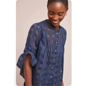 Anthropologie Navy Blue Sheer Checked Blouse